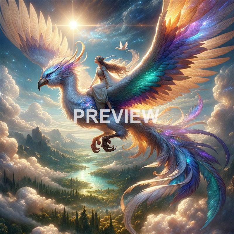 A fantastical scene featuring a majestic, colorful phoenix with a woman riding on its back, soaring above a lush landscape with mountains, clouds, and a vibrant sky.
